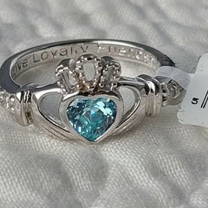 Womens March Birthstone Claddagh Shan Ore 925 Silver Ring Irish Aquamarine